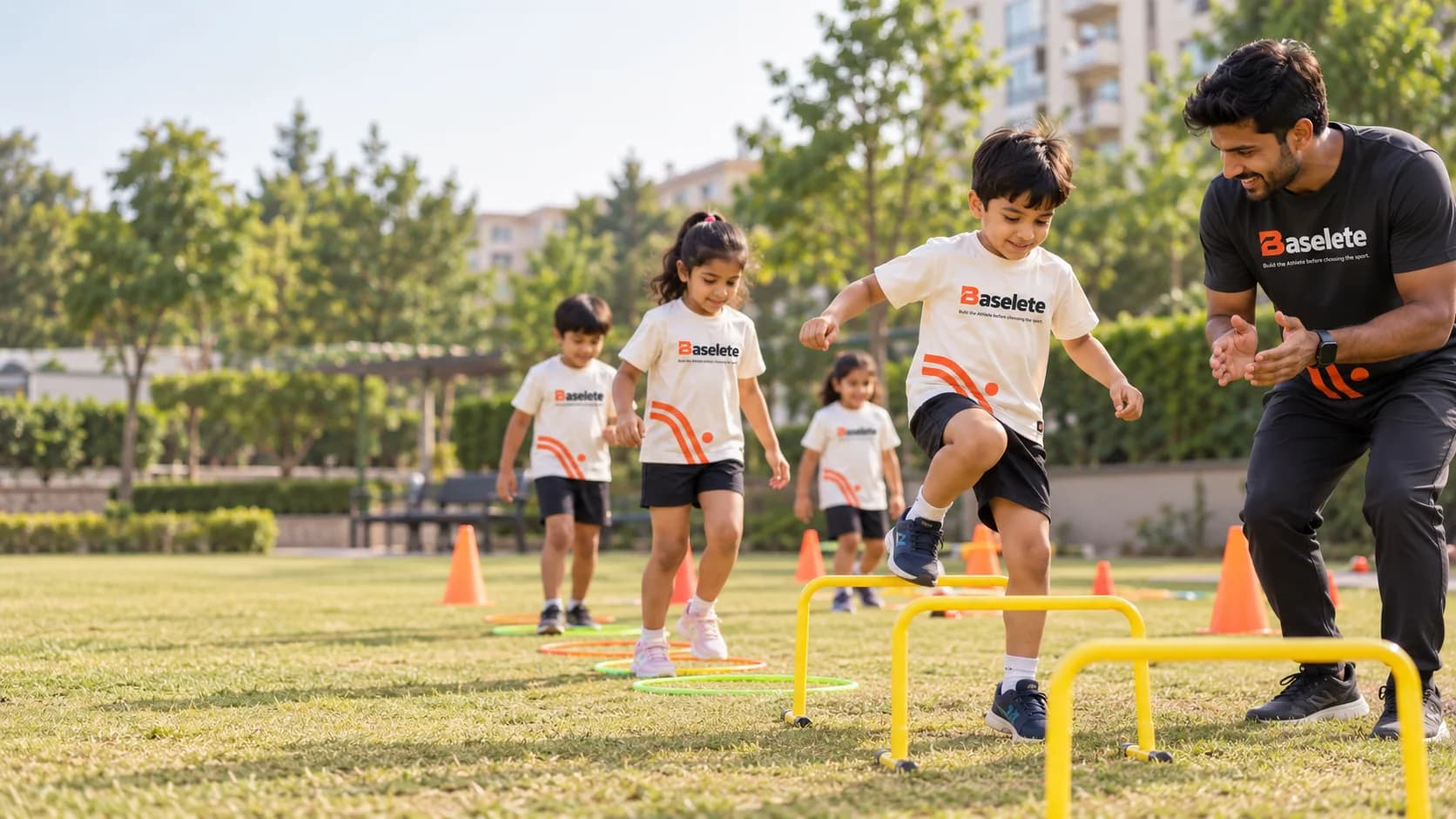 Illustrative scene of a Captain encouraging a child to step over a low hurdle