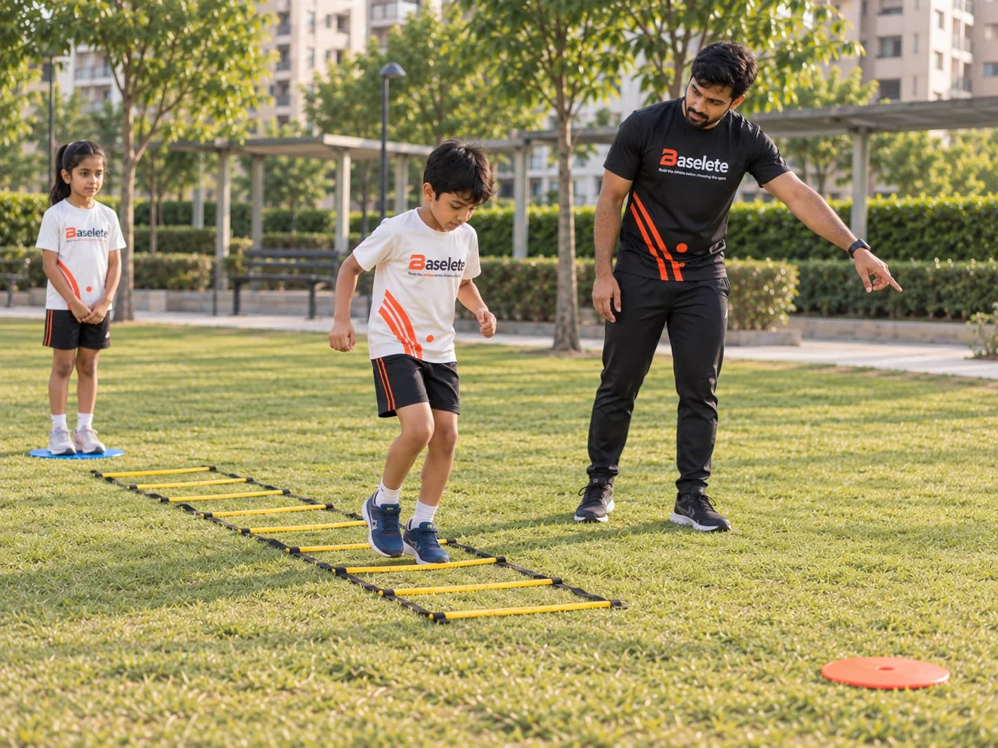 Illustrative scene of a child practising footwork on an agility ladder